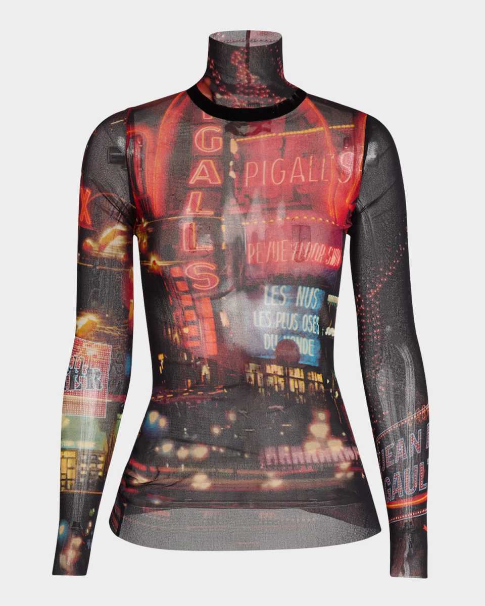 Pigalle-Print Turtleneck Mesh Top